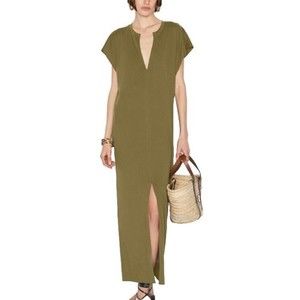 Eileen Fisher NWT Maxi Dress Split neckline relaxed casual Olive Green